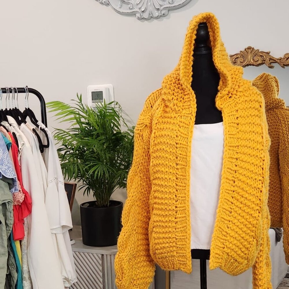 NWT - XL Chicwish Yellow Chunky Knit Hooded Sweater Cardigan - Perfect Fall Cozy